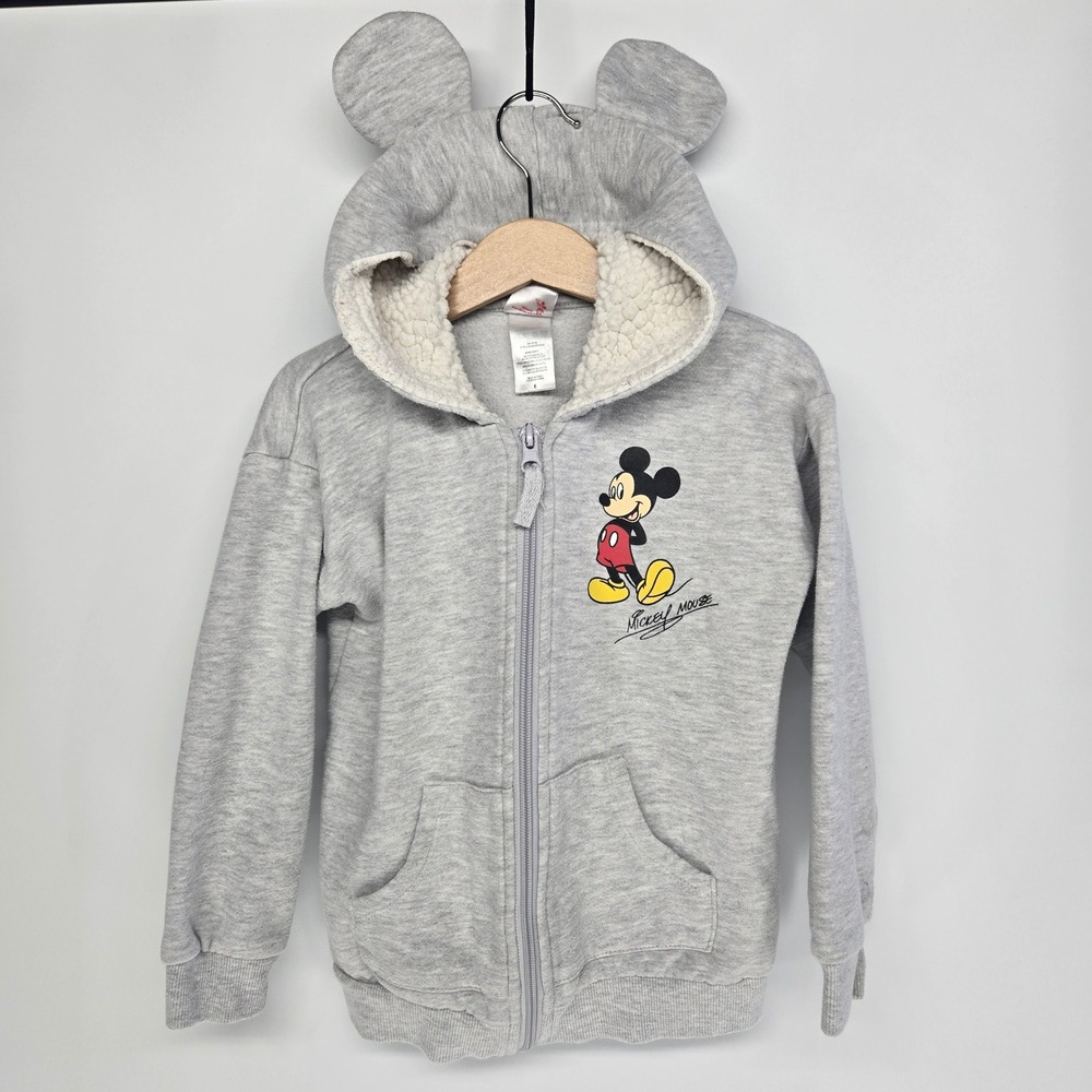 Disney Mickey‎ Mouse Hoodie Kids 6 Gray Sherpa Lined Ears Zip Up Sweatshirt